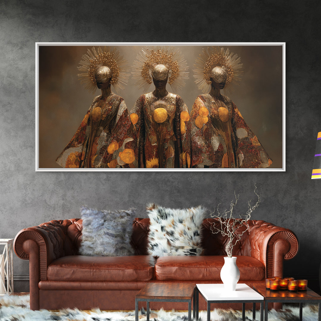 Golden Halo Black Goddesses Wall Art, African Women Art, Spiritual Wall Decor, Luxury Canvas Art, Empowered Women Home Decor Gift