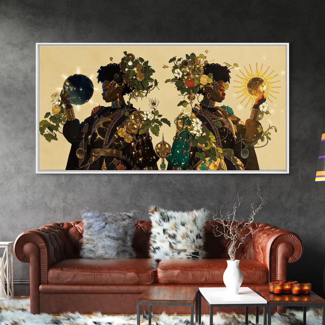 Celestial African Queens With Sun And Moon Framed Canvas Print, Afrocentric Wall Decor, Black Goddess Portrait Art Gift For Her