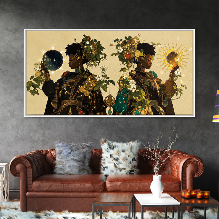 Celestial African Queens With Sun And Moon Framed Canvas Print, Afrocentric Wall Decor, Black Goddess Portrait Art Gift For Her