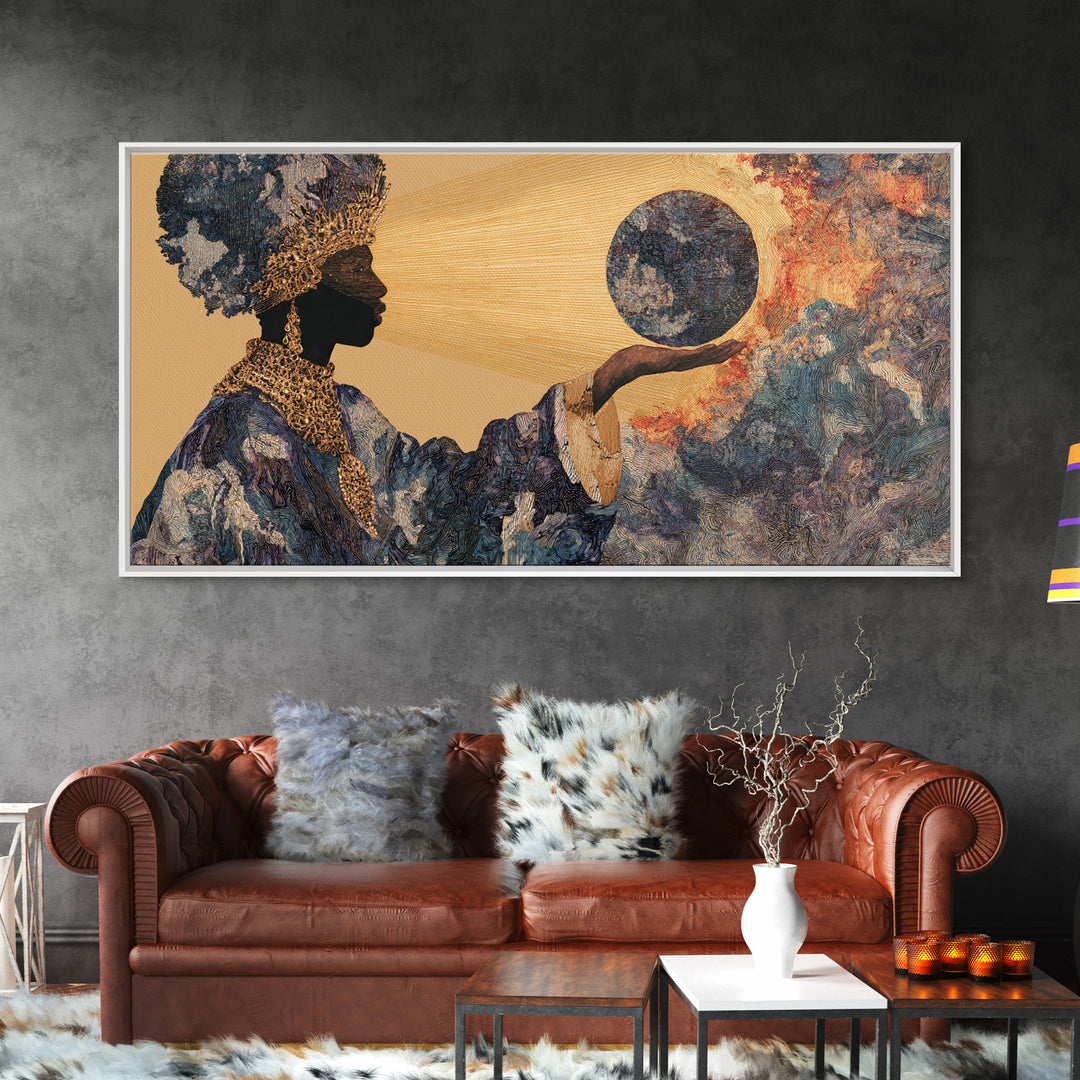 Eclipse African Woman Holding Moon Canvas Print, Afrocentric Wall Art, Black Female Portrait, Celestial Home Decor Gift Idea