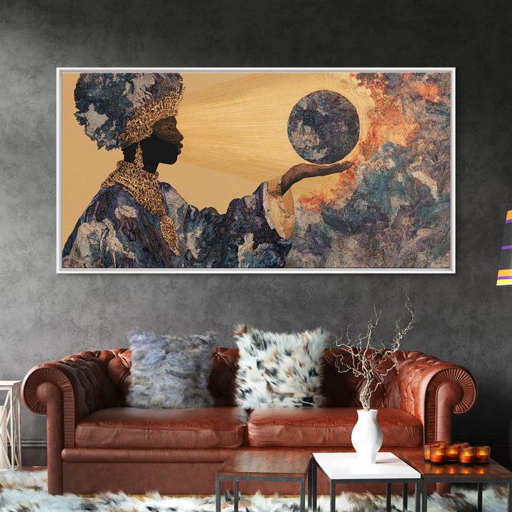 Eclipse African Woman Holding Moon Canvas Print, Afrocentric Wall Art, Black Female Portrait, Celestial Home Decor Gift Idea