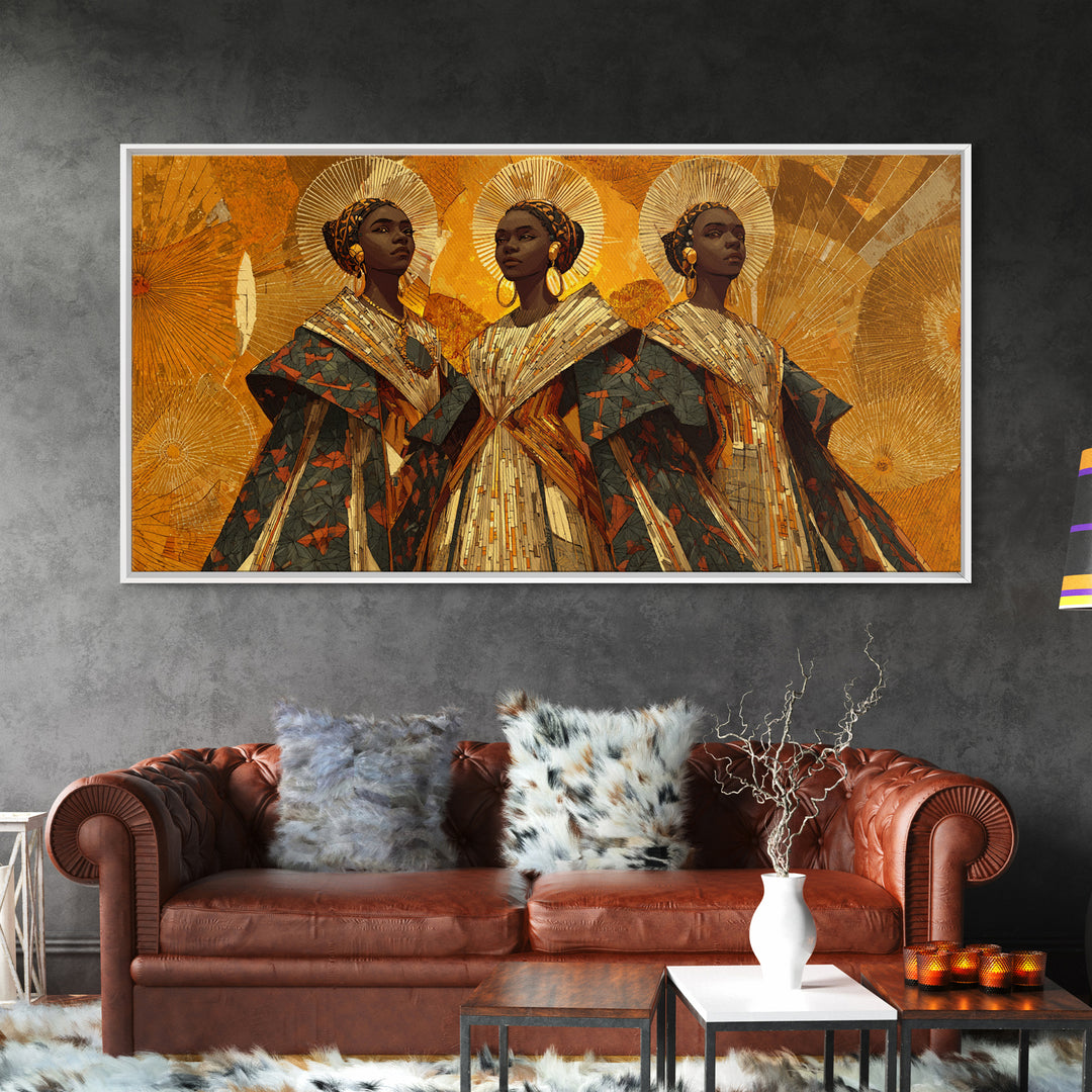 Three Regal African Women In Gold Halos Framed Canvas Print, African Wall Art, Black Queen Portrait, Afrocentric Decor Gift