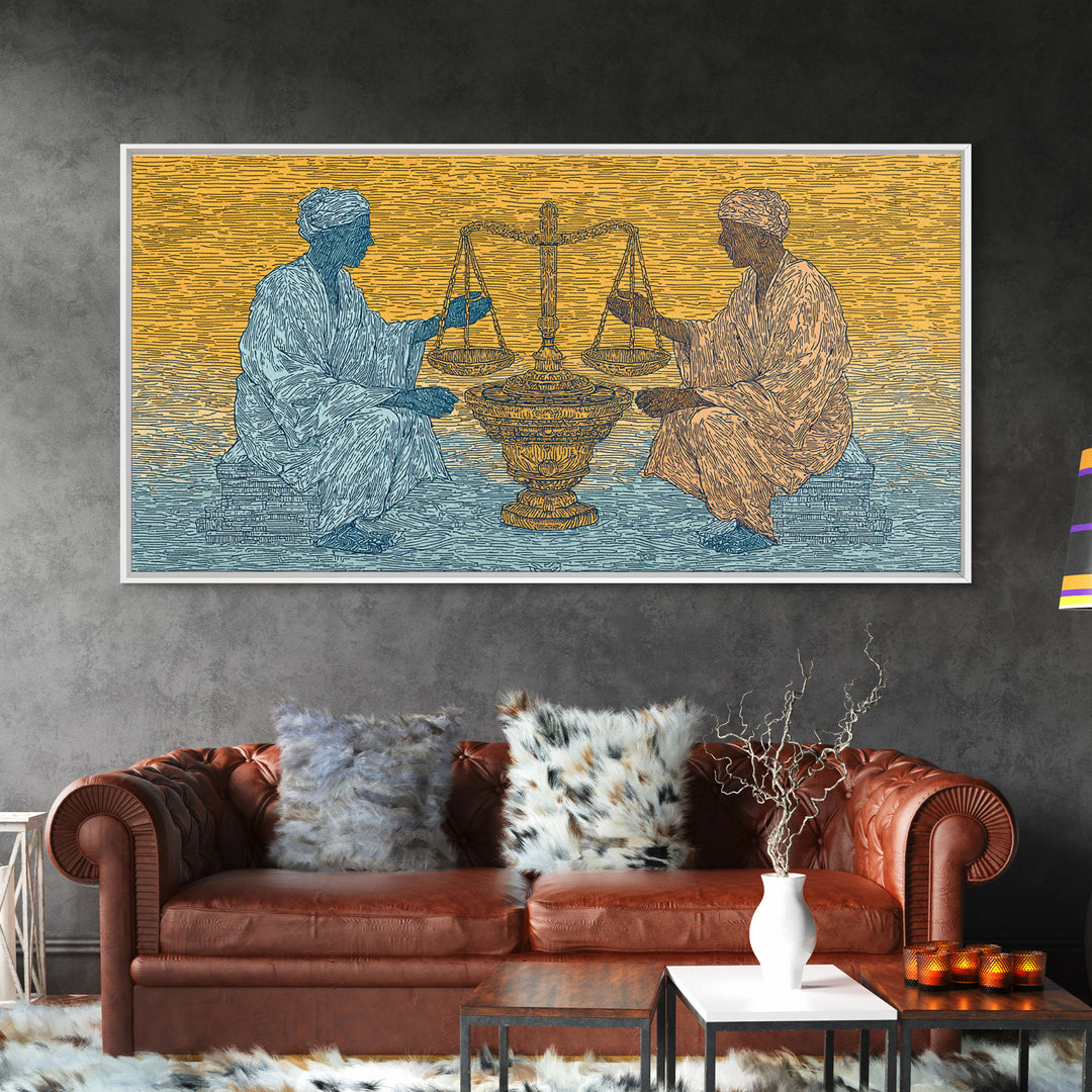 African Elders With Scales Of Justice Canvas Print, Cultural Wall Art, Legal Office Decor, Tribal Wisdom Art Gift For Him