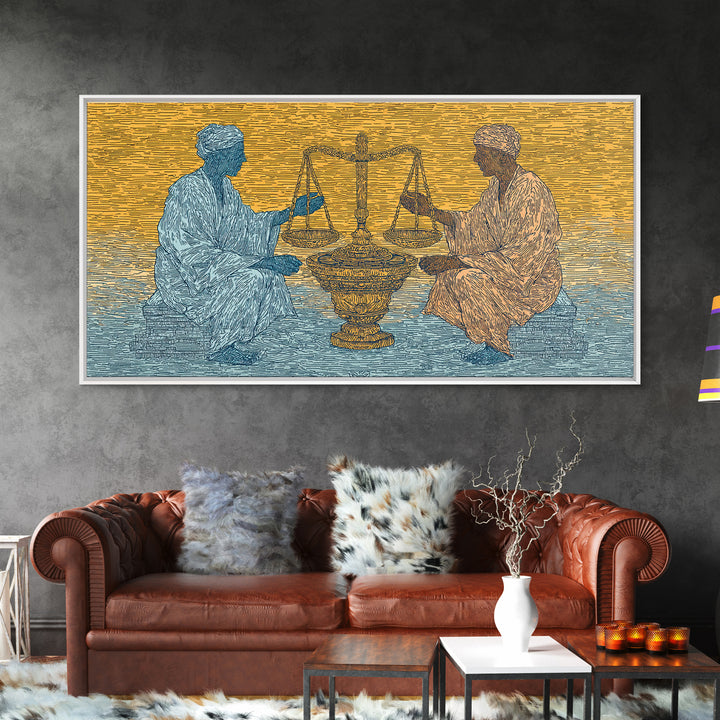 African Elders With Scales Of Justice Canvas Print, Cultural Wall Art, Legal Office Decor, Tribal Wisdom Art Gift For Him