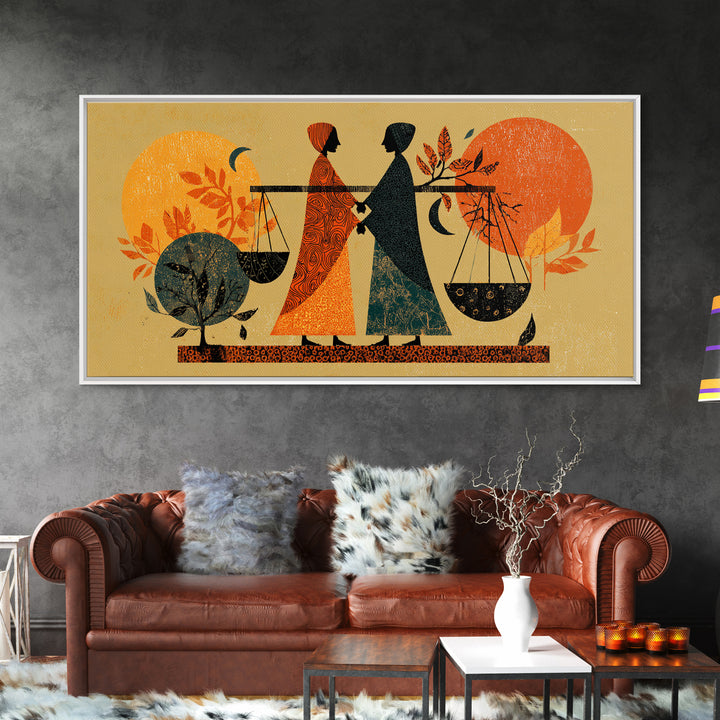 African Women Carrying Scales At Sunset Wall Art, Canvas Print, Afrocentric Decor, Cultural Justice Artwork Gift For Her