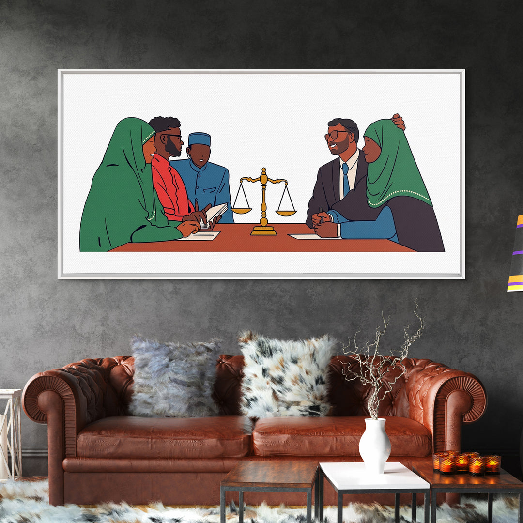 Muslim Family Mediation With Golden Scales Wall Art, Canvas Print, Legal Office Decor, Cultural Meeting Room Artwork Gift