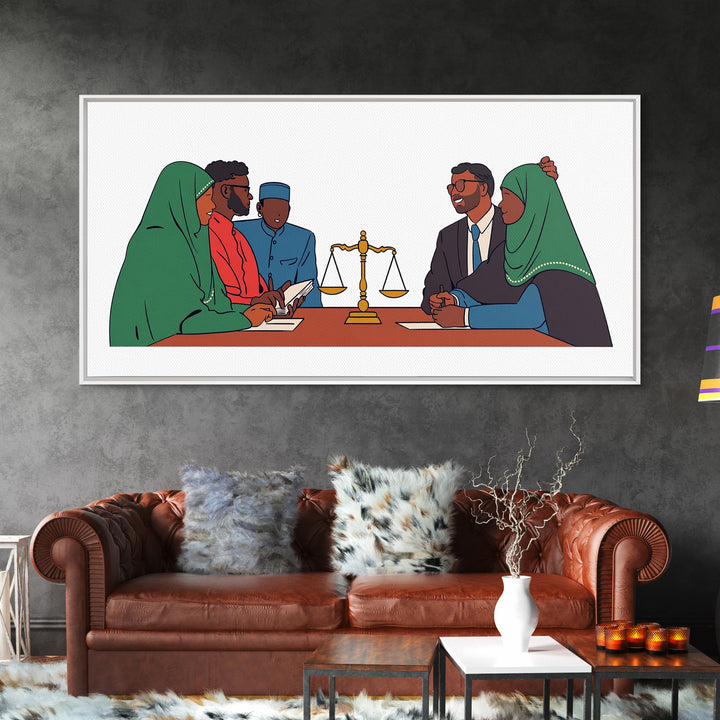 Muslim Family Mediation With Golden Scales Wall Art, Canvas Print, Legal Office Decor, Cultural Meeting Room Artwork Gift