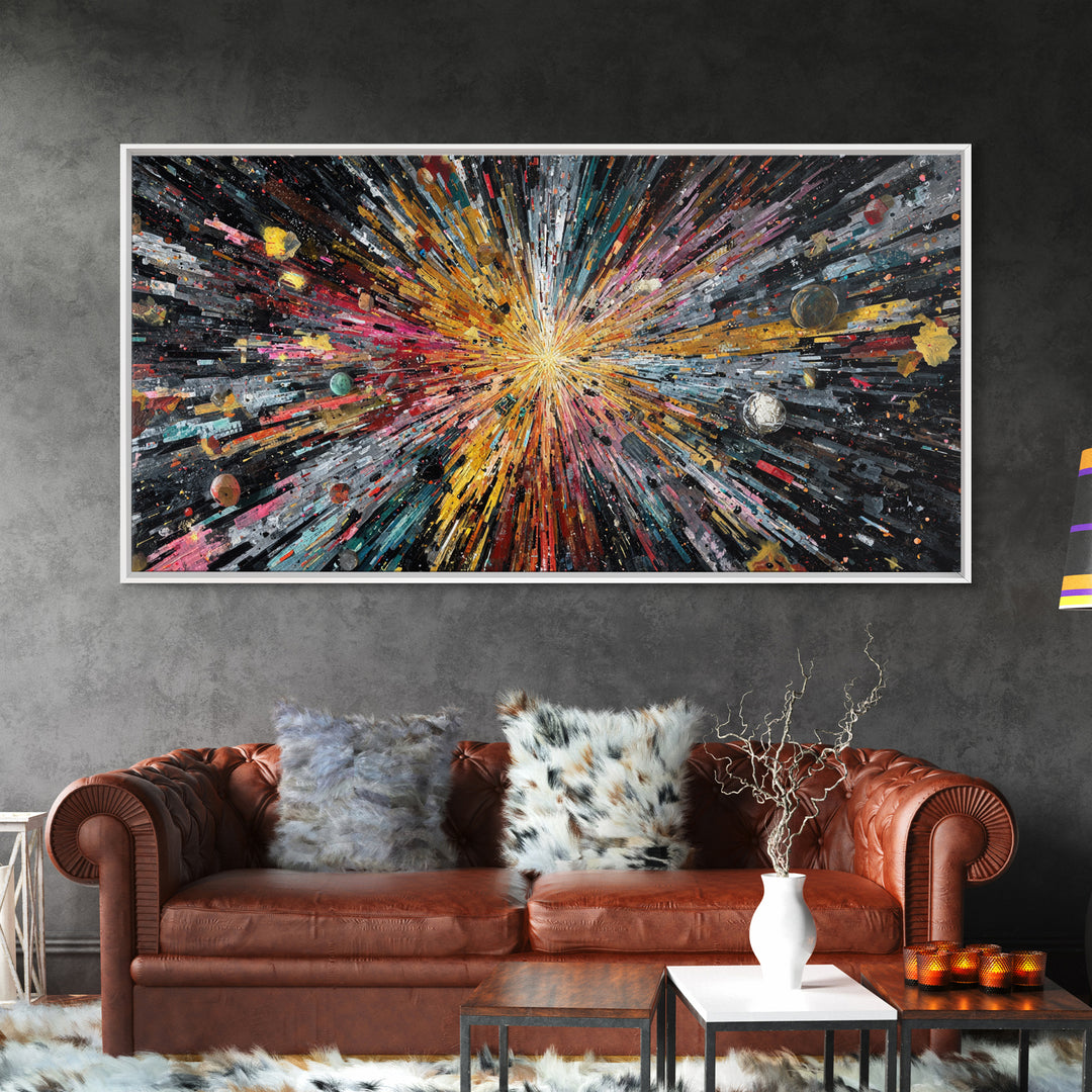 Exploding Universe Starburst With Planets Canvas Print, Abstract Wall Art, Colorful Space Decor, Modern Galaxy Art Gift Idea