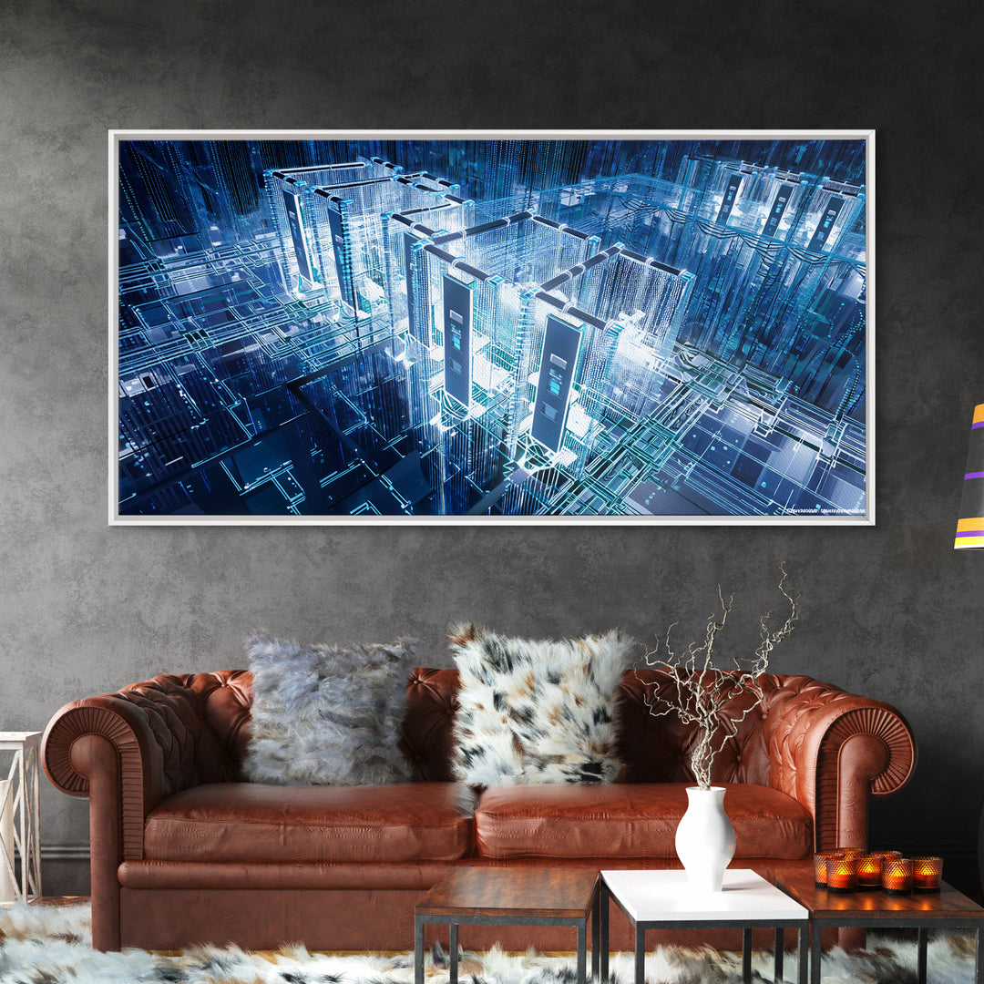 Blue Afrofuturist Data City, Glowing Digital Towers Wall Art, Modern African Abstract, Tech Office Decor, Unique Canvas Gift