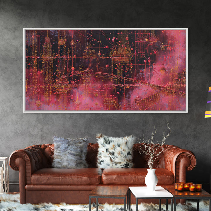 Crimson Circuit Dreamscape With Golden Towers Canvas Print, Modern African Art Abstract, Afrofuturism Decor, Bold Wall Decor