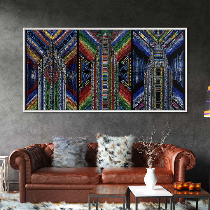 Geometric Beadwork Triptych Towers Wall Art, Abstract African Art, Ankara Pattern Decor, Modern Tribal Canvas Print Gift