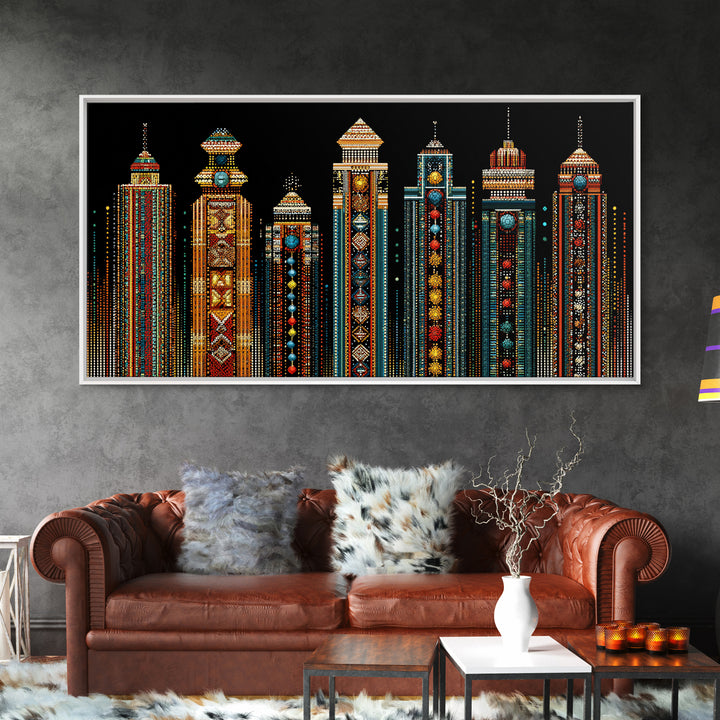 Ornate African Futurist Towers Framed Canvas Print, Tribal Pattern Wall Art, Black Culture Art, Elegant Home Decor, Unique Gift