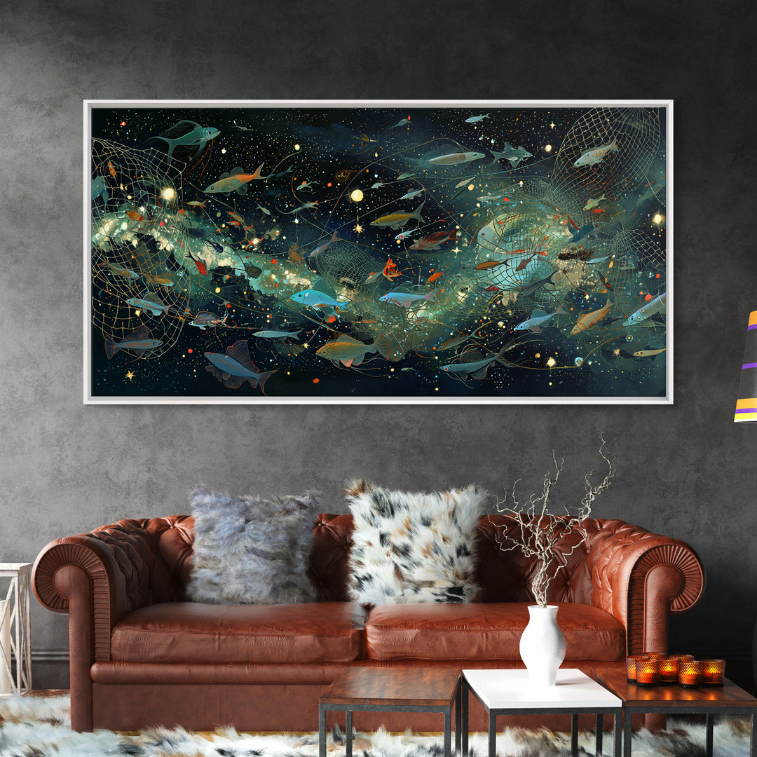 Cosmic Underwater Fish Galaxy Wall Art, Dreamy Ocean Canvas Print, African Inspired Nature Scene Art, Teal Modern Decor Gift