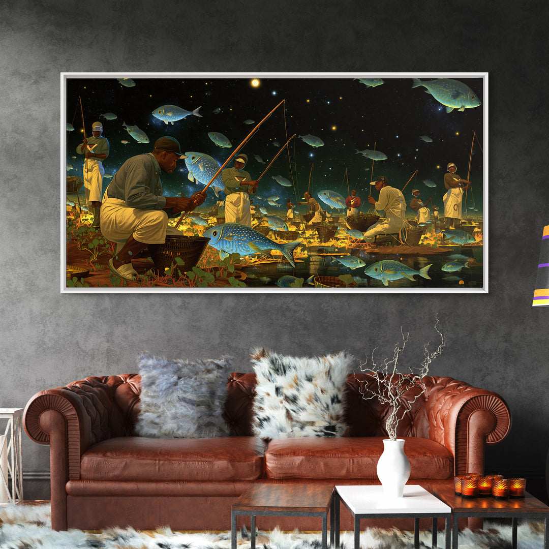 Black Fishermen Under Starry Fish Sky Canvas Print, African Wall Art, Afrocentric Culture Art, Magical Night Decor, Unique Gift