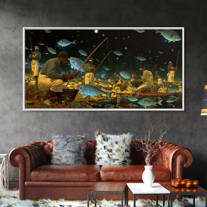 Black Fishermen Under Starry Fish Sky Canvas Print, African Wall Art, Afrocentric Culture Art, Magical Night Decor, Unique Gift
