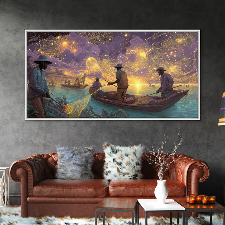 Golden Sunset Fishermen And Glowing Nets Wall Art, African Inspired Landscape, Black Culture Art, Serene Boat Canvas Print