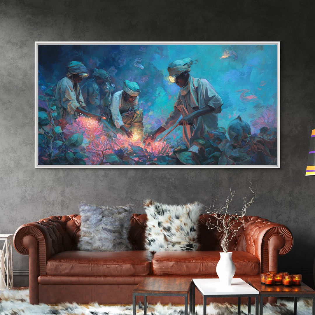 Blue Coral Harvest Divers Framed Canvas Print, African Ocean Wall Art, Contemporary Nature Scene, Unique Home Decor Gift