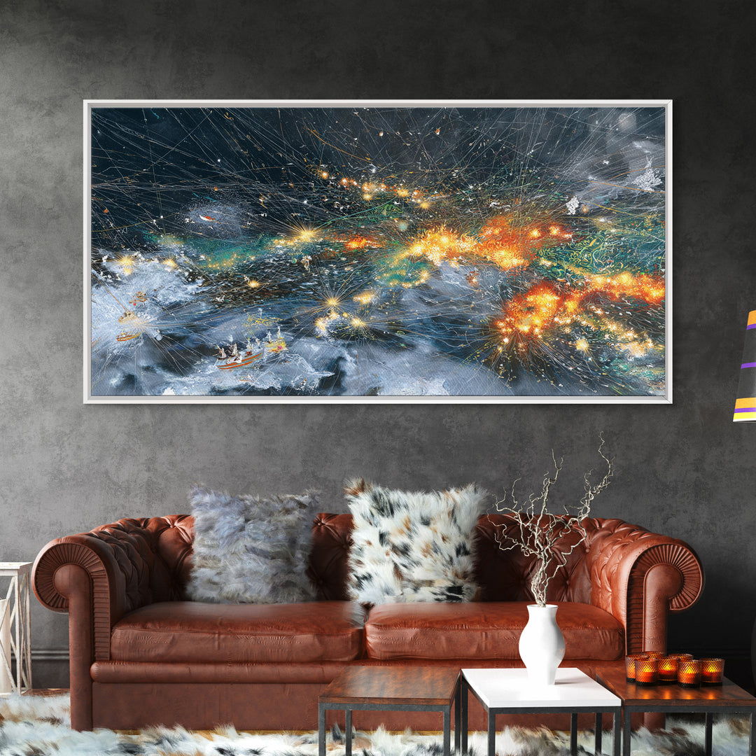 Celestial Ocean Storm With Glowing Boats Wall Art, Abstract African Art Print, Modern Coastal Decor, Night Sea Statement Piece