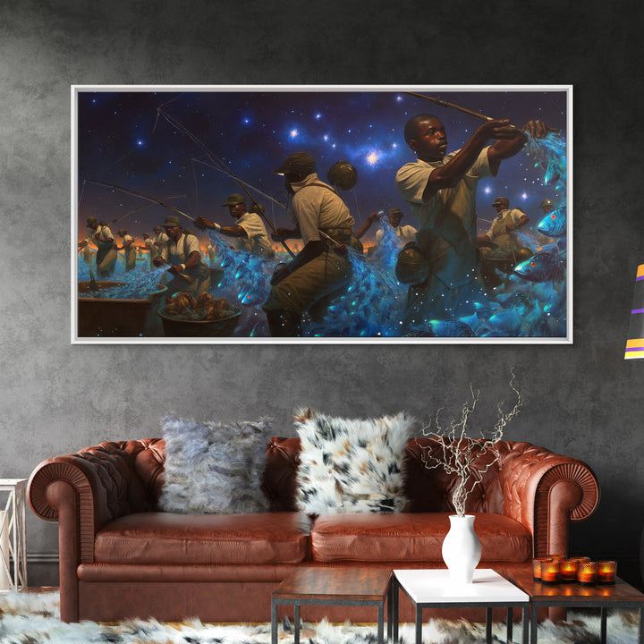 Starlit African Night Fishermen With Glowing Blue Fish Canvas Print, Afrocentric Wall Decor, Black Culture Art, Unique Home Decor