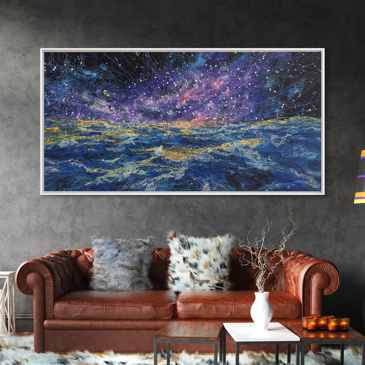 Galaxy Ocean Waves Under Starry Sky Canvas Print, Abstract Wall Art, Blue Gold Seascape, Dreamy Modern Home Decor, Large Decor Art