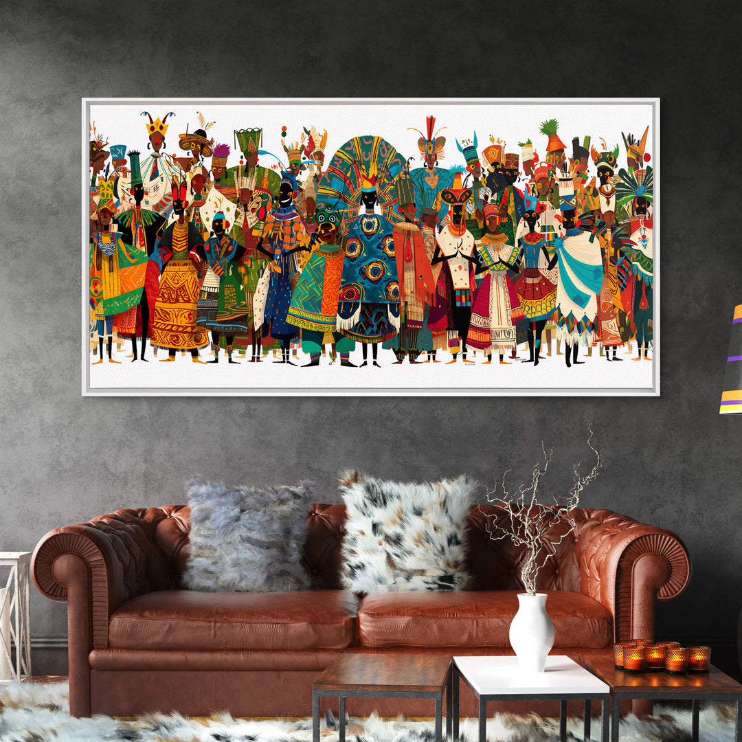 Vibrant African Tribal Festival Crowd With Masks Canvas Print, Afrocentric Wall Art, Colorful African Art, Cultural Decor