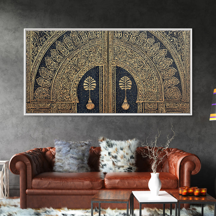Gold Ornate African Arch Door With Palm Motifs Framed Canvas Print, Moroccan Wall Decor, Cultural Home Decor, Black Gold Art