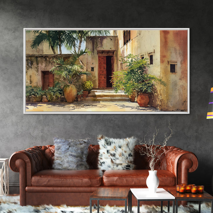 Sunlit African Courtyard With Red Door Wall Art, Tropical Village Painting, African Wall Decor, Boho Home Decor Gift For Her