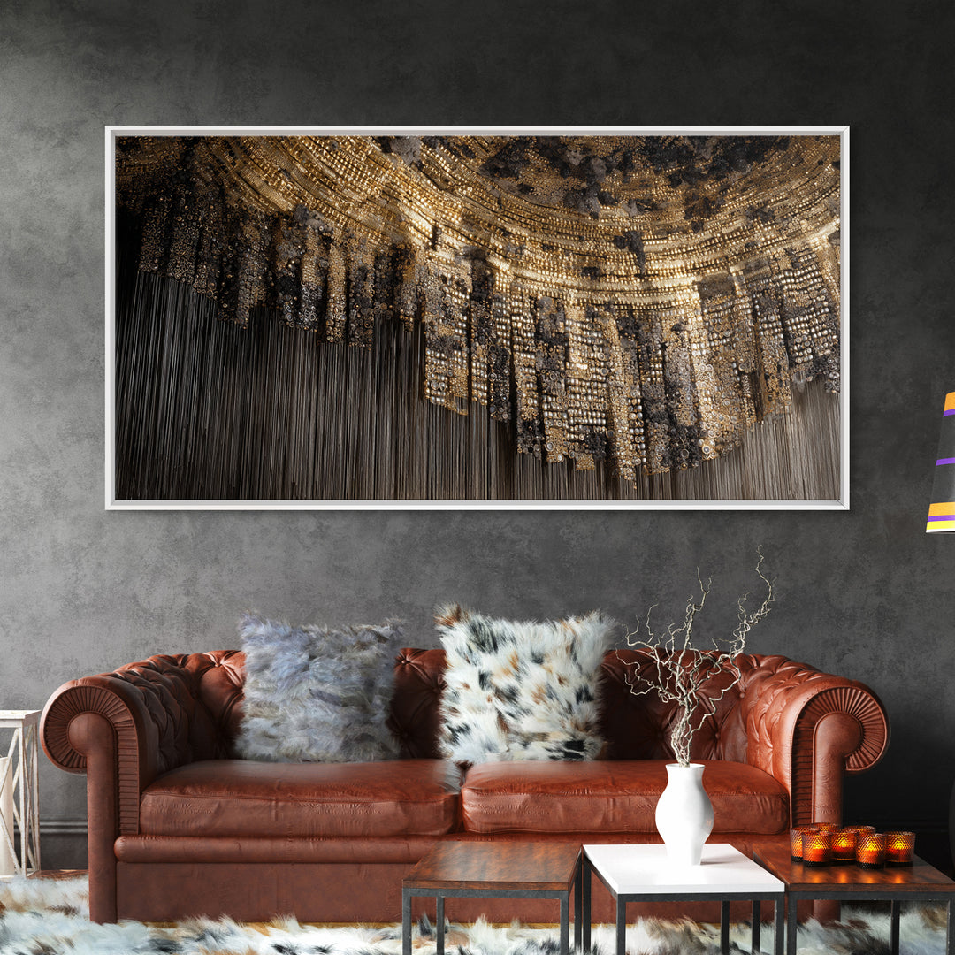 Golden Beaded Chandelier Abstract Canvas Print, Luxury African Art Decor, Black And Gold Wall Decor, Statement Home Decor