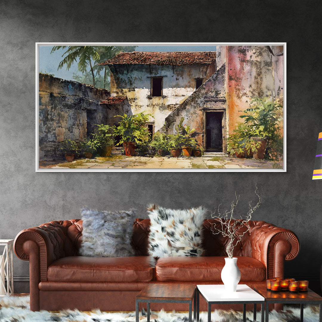 Weathered Blue African Courtyard Wall Art, Rustic Village Painting, African Home Decor, Cultural Wall Decor For Living Room