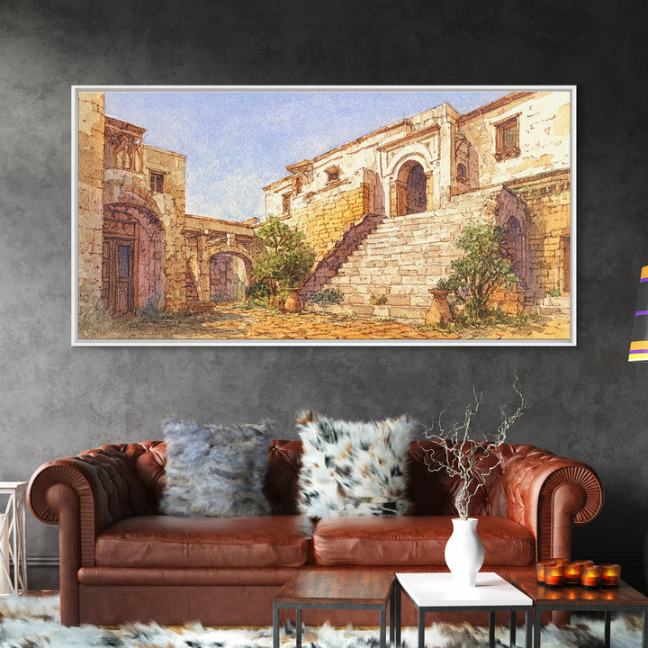 Sunlit Stone Stairway And Arches Framed Canvas Print, African Inspired Architecture Art, Beige Wall Art, Elegant Home Decor
