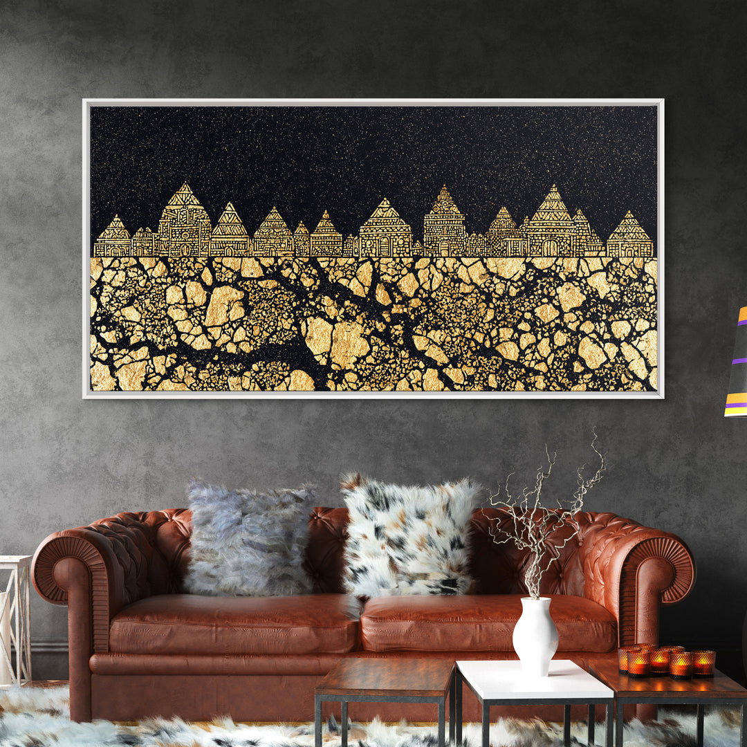 Golden Tribal Village Under Stars Canvas Print, African Tribal Art, Black And Gold Art, Cultural Wall Decor, Statement Piece