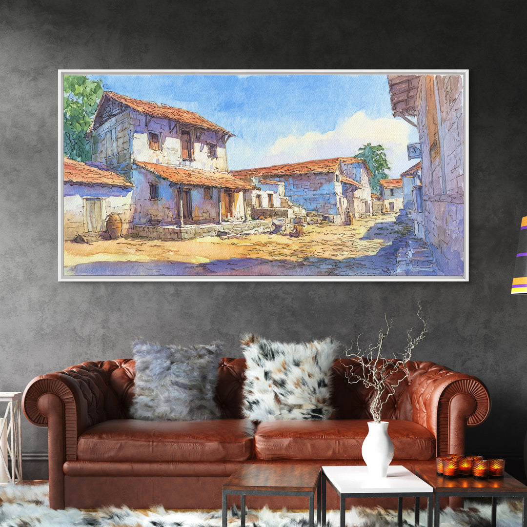 Sunlit African Village Street Wall Art, Rustic Blue Houses Painting, African Landscape, Cultural Home Decor, Large Wall Art