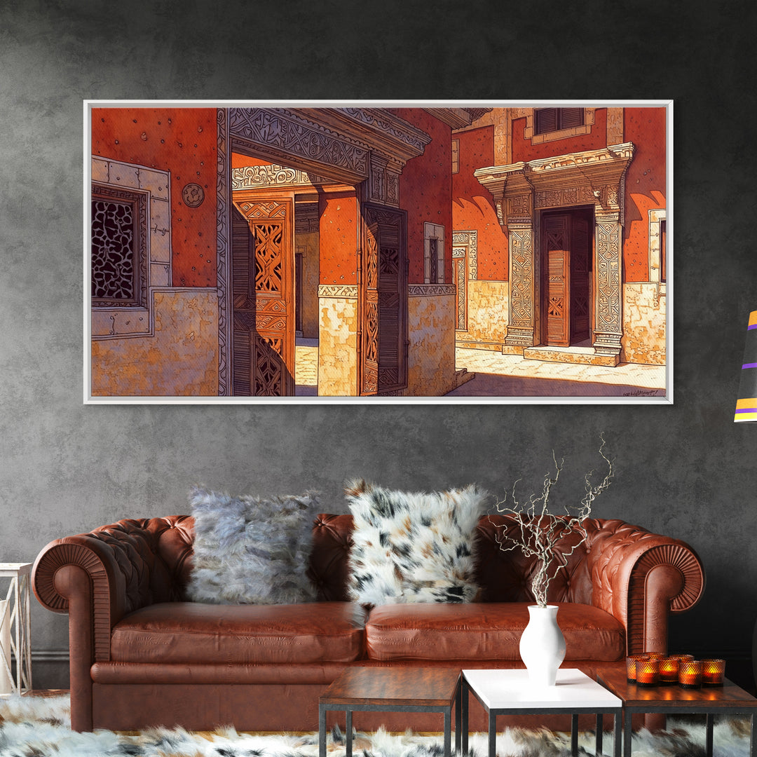 Ornate Orange African Doorway Framed Canvas Print, Swahili Architecture Art, African Wall Decor, Bold Home Decor Gift For Him