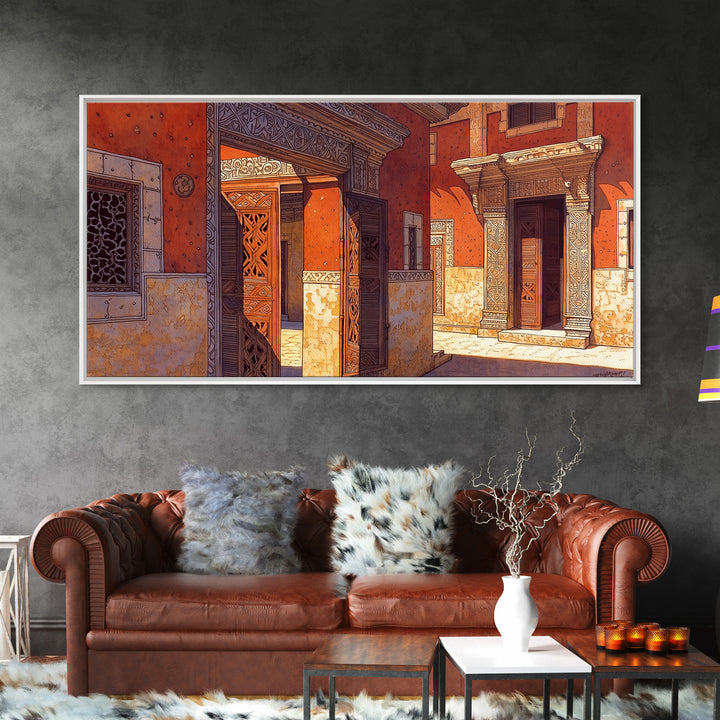 Ornate Orange African Doorway Framed Canvas Print, Swahili Architecture Art, African Wall Decor, Bold Home Decor Gift For Him