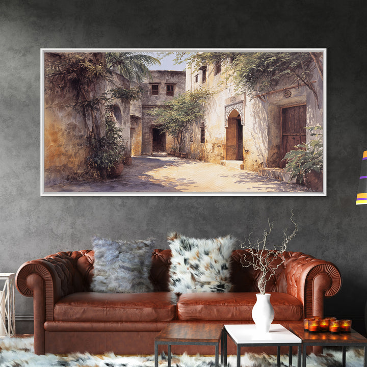 Shaded Tropical African Courtyard Wall Art, Old Stone Doorway Painting, African Home Decor, Boho Wall Decor, Unique Gift