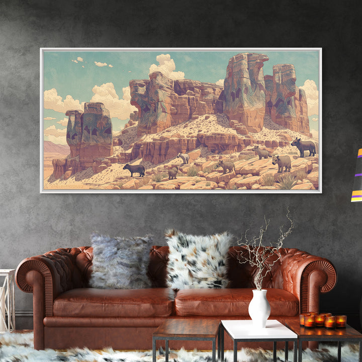 Desert Elephant Canyon Canvas Print, African Safari Art, Serengeti Wall Art, Animal Landscape, Rustic Living Room Decor Gift