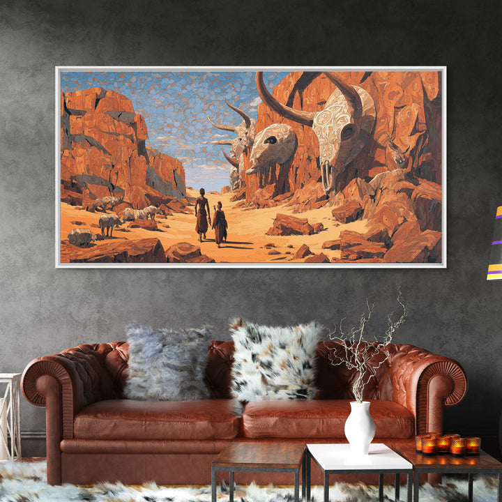 African Desert Canyon With Horned Skulls Wall Art, Tribal Journey Painting, African Warrior Art, Rustic Safari Decor Gift