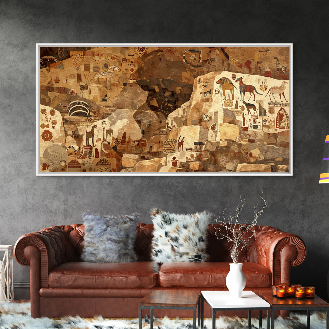 Ancient Sahara Cave Mural With Tribal Animals Wall Art African Safari Art, Earth Tone Cultural Decor For Living Room Statement Piece