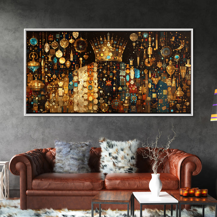 Jeweled African Queen In Gold And Turquoise Framed Canvas Print Black Goddess Art, Luxury Afrocentric Wall Decor Gift For Her