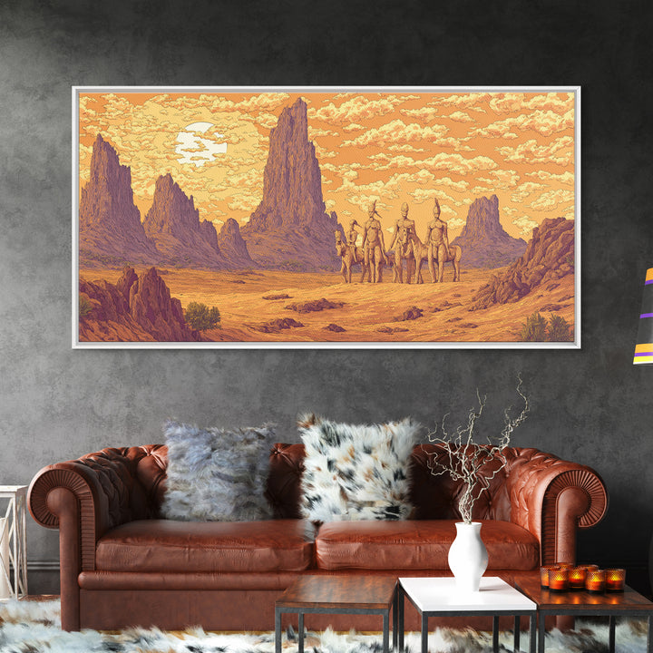 Five Desert Warriors Beneath Orange Sun Canvas Print African Warrior Art, Tribal Landscape Decor, Bold Southwest Wall Art Print
