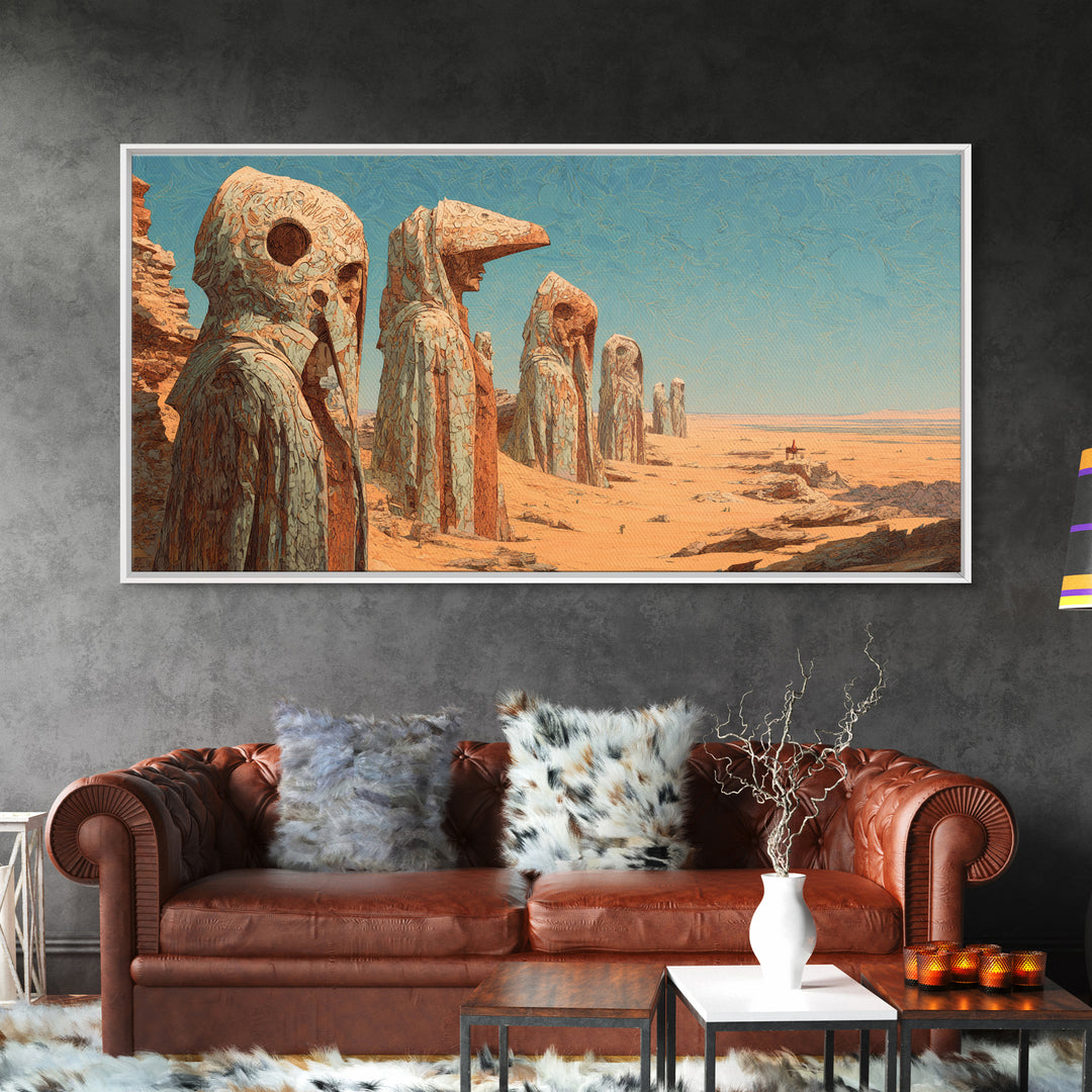 Colossal Desert Mask Monuments Under Blue Sky Wall Art African Mask Art, Ancient Tribal Decor, Mystical Landscape Print Gift
