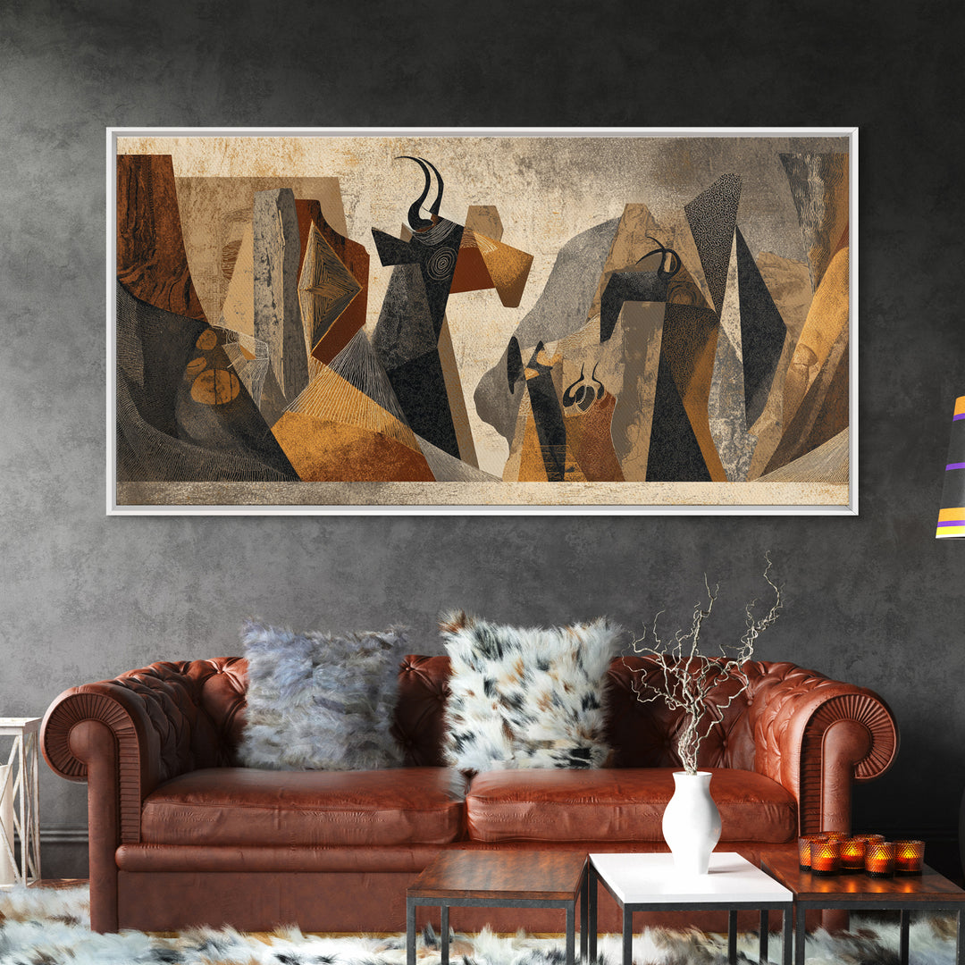 Abstract Tribal Women In Black And Gold Framed Canvas Print African Abstract Art, Modern Cubism Wall Decor For Entryway Gift