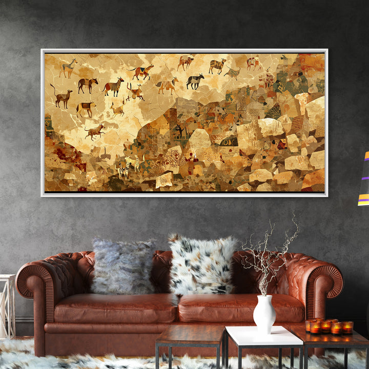 Ancient Herds Above Earthen Village Wall Art African Safari Art, Tribal Culture Landscape, Earth Tone Home Decor For Living Room