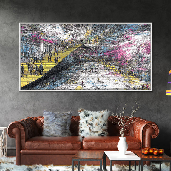 Futuristic City Transit Sketch With Yellow Stairs Wall Art, Urban Modern Art Print, Abstract Gallery Decor, Statement Canvas