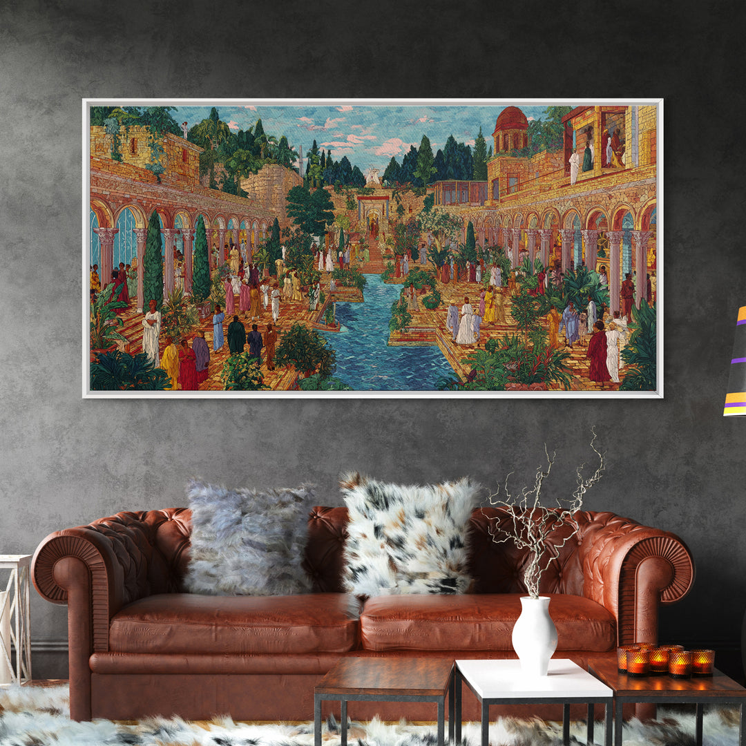 Lush Palace Garden With Arches And Pool Framed Canvas Print, African Inspired Wall Art, Elegant Cultural Home Decor Gift