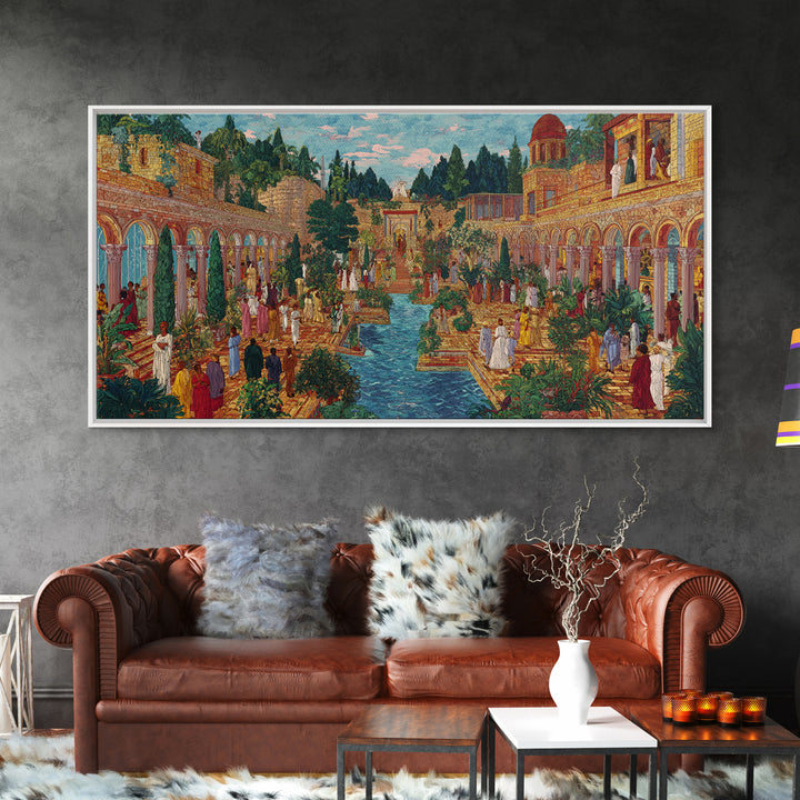 Lush Palace Garden With Arches And Pool Framed Canvas Print, African Inspired Wall Art, Elegant Cultural Home Decor Gift