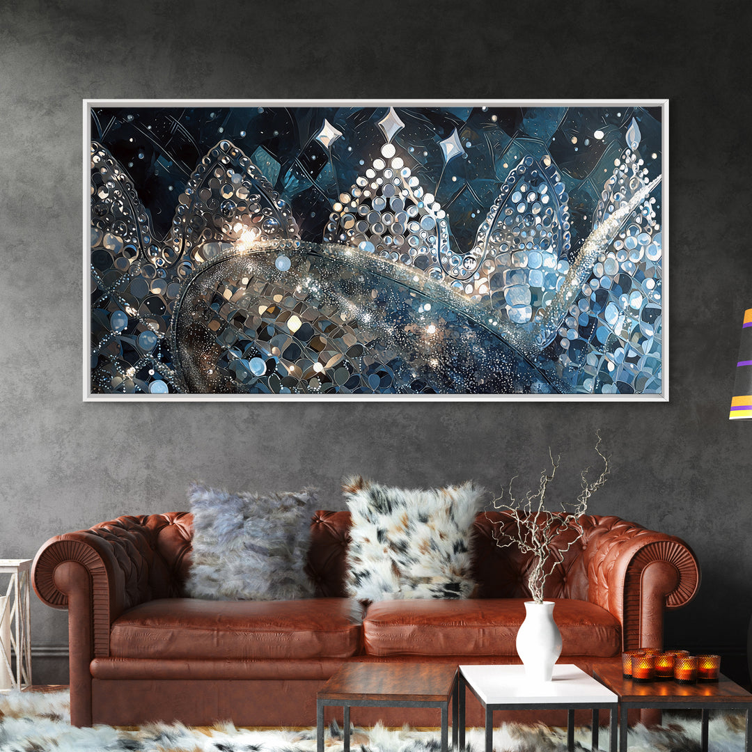 Jeweled Blue Silver Crowns And Stars Canvas Print, Abstract Wall Art, Luxury Black Gold Decor, Dreamy Modern Gallery Gift