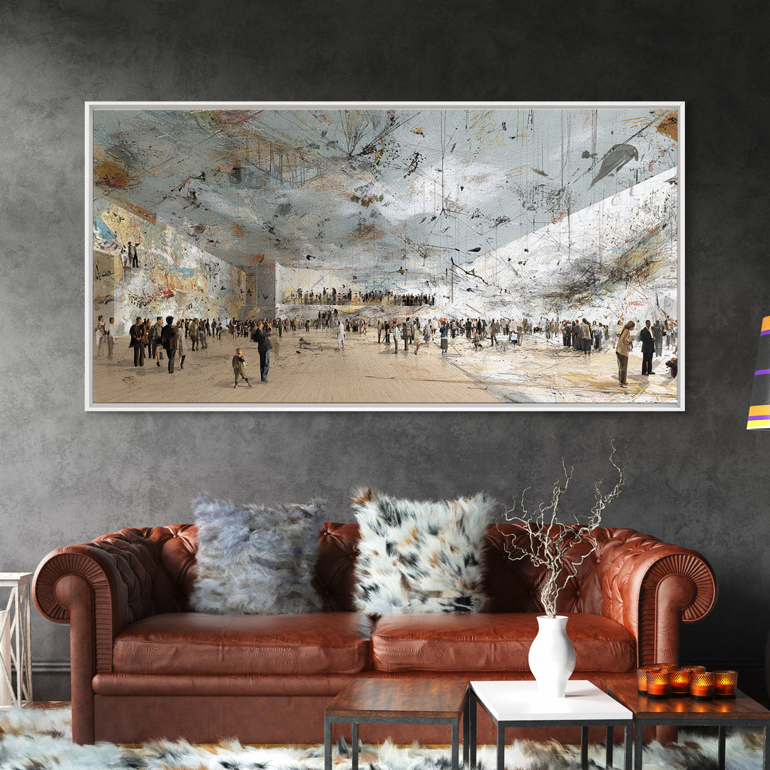 Vast White Museum Crowd And Light Beam Wall Art, Contemporary Abstract Art Print, Modern Office Decor, Large Gallery Canvas