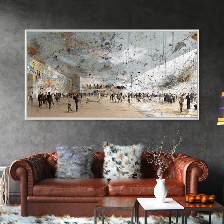 Vast White Museum Crowd And Light Beam Wall Art, Contemporary Abstract Art Print, Modern Office Decor, Large Gallery Canvas