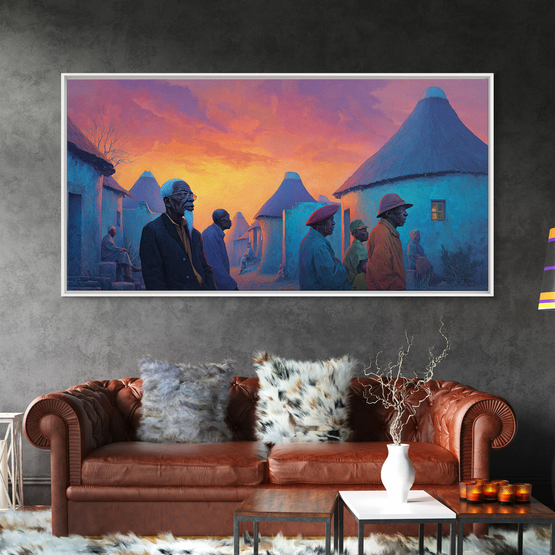 Blue Round Huts At Fiery Sunset Wall Art, African Village Painting, Afrocentric Decor, Cultural Landscape Canvas Print Gift